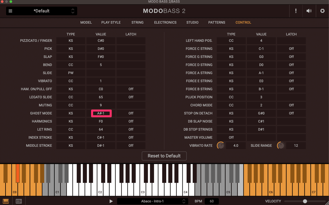 MODOBASS2 キースイッチの設定画面